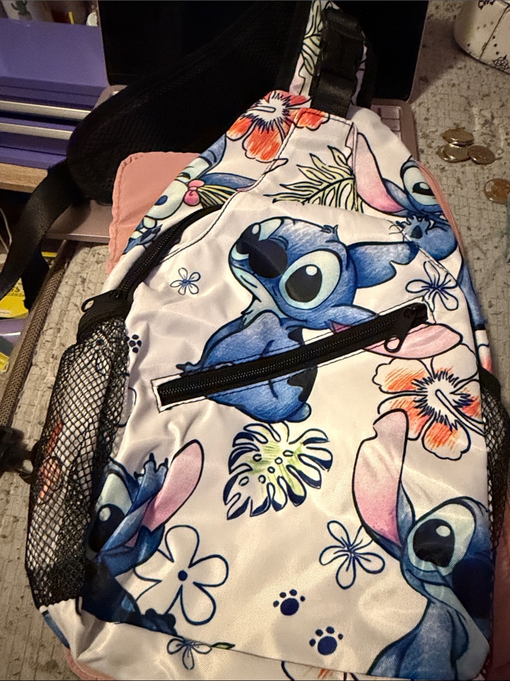 Disney Kids Sling Backpack with Blue Stitch and Pink Floral Accents